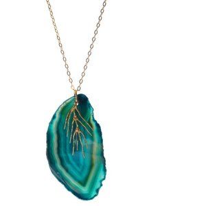 NIP Long Slice Teal Agate Necklace with Branch.